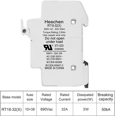 Heschen RT18-32(X) 32A AC690V 3-Pole DIN Rail Fuse حامل قاعدة، CE UL مدرجة in Saudi Arabia