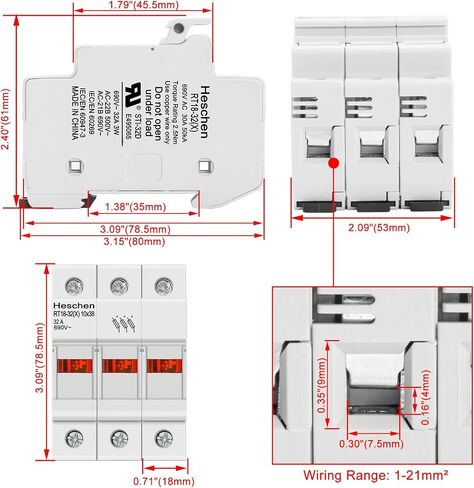 Heschen RT18-32(X) 32A AC690V 3-Pole DIN Rail Fuse حامل قاعدة، CE UL مدرجة in Saudi Arabia
