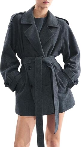 Yeokou Women's Wool Blend Pea Coat Notch Lapel Double Winter Winter Lose Bett Belt Bett in Saudi Arabia