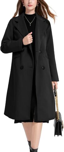 Women's Winter Casual Wool Blend Trench Jackets Notch Lapel Double Breasted Loose Mid Long Pea Coat Outwear in Saudi Arabia