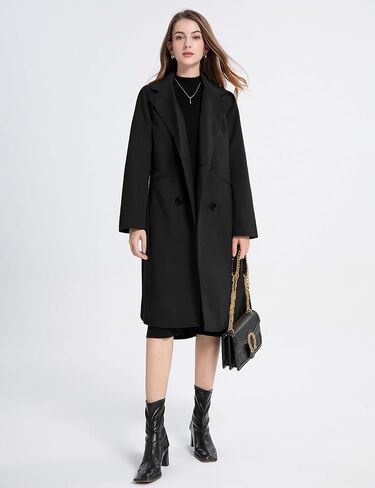 Women's Winter Casual Wool Blend Trench Jackets Notch Lapel Double Breasted Loose Mid Long Pea Coat Outwear in Saudi Arabia