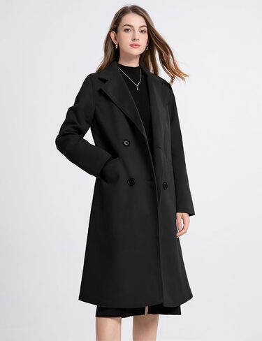Women's Winter Casual Wool Blend Trench Jackets Notch Lapel Double Breasted Loose Mid Long Pea Coat Outwear in Saudi Arabia
