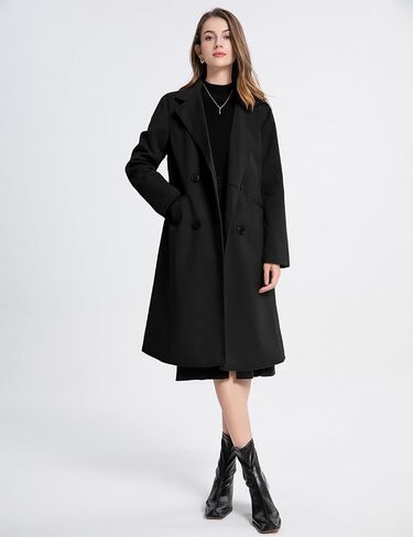 Women's Winter Casual Wool Blend Trench Jackets Notch Lapel Double Breasted Loose Mid Long Pea Coat Outwear in Saudi Arabia