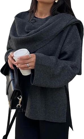 Womens Oversized Scarf Jacket Wool Blend Coat Long Sleeve Button Wool Coats Overcoats in Saudi Arabia