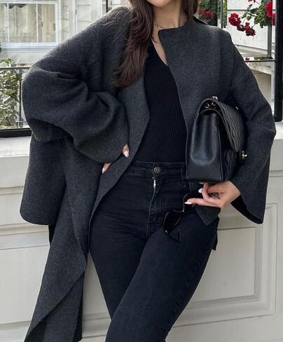 Womens Oversized Scarf Jacket Wool Blend Coat Long Sleeve Button Wool Coats Overcoats in Saudi Arabia