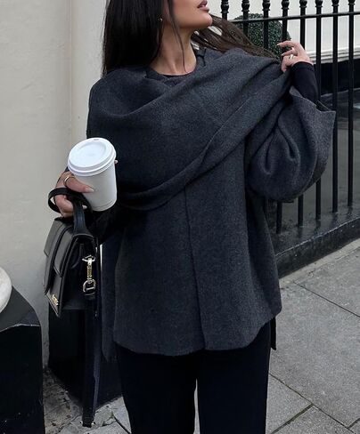 Womens Oversized Scarf Jacket Wool Blend Coat Long Sleeve Button Wool Coats Overcoats in Saudi Arabia