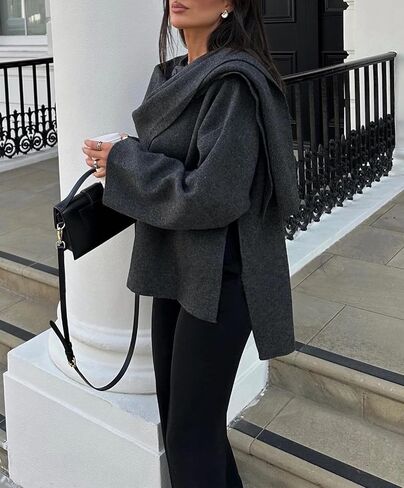 Womens Oversized Scarf Jacket Wool Blend Coat Long Sleeve Button Wool Coats Overcoats in Saudi Arabia