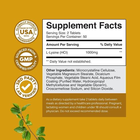 L lysine 1000mg Free - High Strength L -Lysine ملحق لتوليف الكولاجين Health Health ودعم المناعة - الأحماض الأمينية الأساسية غير المعدلة وراثيًا 1000 ملغ لكل وجبة - 100 قرص in Saudi Arabia