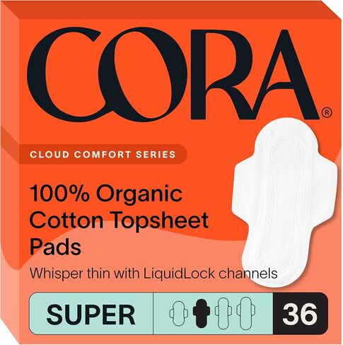 CORA 100 ٪ منصات ورقة القطن العضوية | وسادة فترة رقيقة للغاية مع أجنحة | امتصاص سوبر | وسادات صحية فائقة الامتصاص للنساء (36 عدد) in Kuwait
