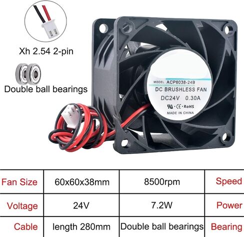 ACP6038 عالي السرعة مروحة التبريد المحورية 60x60x38mm 5v/12v/24v 2 دبوس لجهاز الكمبيوتر للطاقة الخادم والتبريد (DC24V) in Kuwait