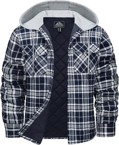 Cotrasen Mens Flannel Shirt Jacket Hooded Quilted Lined Warm Cotton Long Sleeve Plaid Shirt Jackets Button Shacket in Saudi Arabia