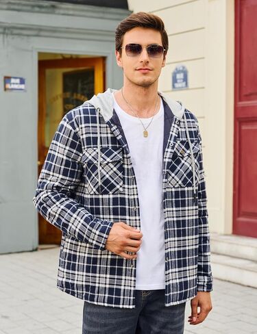 Cotrasen Mens Flannel Shirt Jacket Hooded Quilted Lined Warm Cotton Long Sleeve Plaid Shirt Jackets Button Shacket in Saudi Arabia