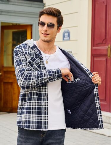Cotrasen Mens Flannel Shirt Jacket Hooded Quilted Lined Warm Cotton Long Sleeve Plaid Shirt Jackets Button Shacket in Saudi Arabia
