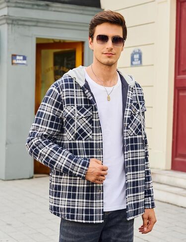 Cotrasen Mens Flannel Shirt Jacket Hooded Quilted Lined Warm Cotton Long Sleeve Plaid Shirt Jackets Button Shacket in Saudi Arabia