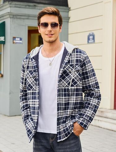 Cotrasen Mens Flannel Shirt Jacket Hooded Quilted Lined Warm Cotton Long Sleeve Plaid Shirt Jackets Button Shacket in Saudi Arabia