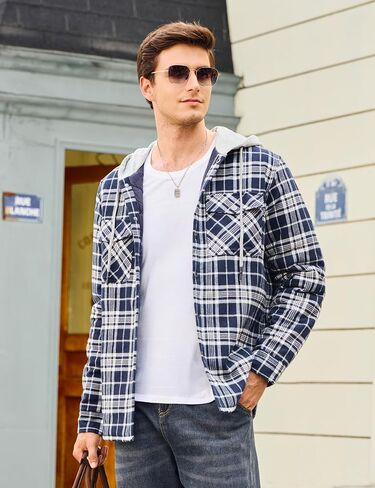 Cotrasen Mens Flannel Shirt Jacket Hooded Quilted Lined Warm Cotton Long Sleeve Plaid Shirt Jackets Button Shacket in Saudi Arabia