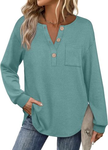 OFEEFAN Womens Tops Long Sleeve Curved Hem Tunic Tops V Neck Henley Shirts for Women Dressy Casual with Pocket in Saudi Arabia