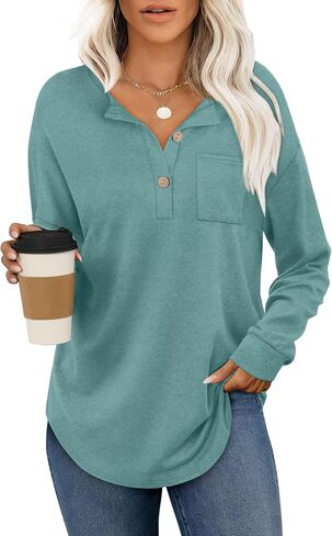 OFEEFAN Womens Tops Long Sleeve Curved Hem Tunic Tops V Neck Henley Shirts for Women Dressy Casual with Pocket in Saudi Arabia