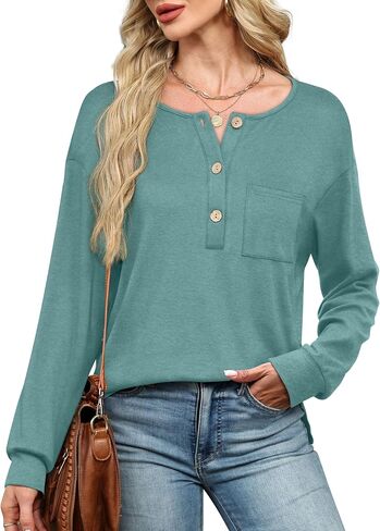 OFEEFAN Womens Tops Long Sleeve Curved Hem Tunic Tops V Neck Henley Shirts for Women Dressy Casual with Pocket in Saudi Arabia