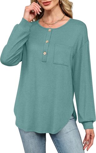 OFEEFAN Womens Tops Long Sleeve Curved Hem Tunic Tops V Neck Henley Shirts for Women Dressy Casual with Pocket in Saudi Arabia