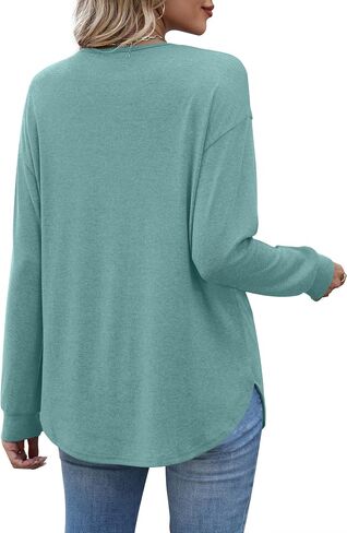 OFEEFAN Womens Tops Long Sleeve Curved Hem Tunic Tops V Neck Henley Shirts for Women Dressy Casual with Pocket in Saudi Arabia