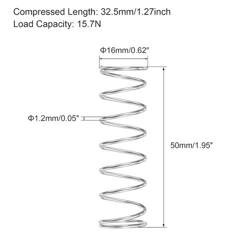 زنبرك ضغط uxcell، 304 من الفولاذ المقاوم للصدأ، 16 مم OD، حجم السلك 1.2 مم، طول مضغوط 9 مم، طول حر 50 مم، سعة تحميل 15.7 نيوتن، لون فضي، 5 قطع in Kuwait