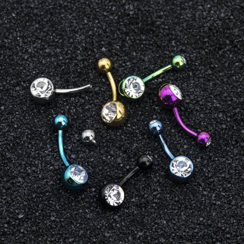Titanium Belly Button Ring Set (4 Lengths, 14G) ,Hypoallergenic Curved Barbell Navel Piercing Jewelry with 5mm & 8mm Cubic Zirconia Crystals,Floating Belly Button Rings (7 Iridescent Body Colors) in Saudi Arabia