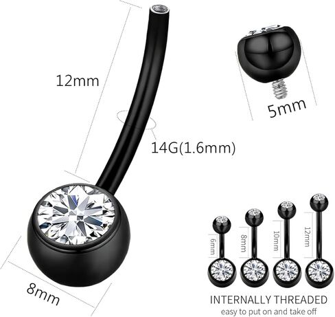 Titanium Belly Button Ring Set (4 Lengths, 14G) ,Hypoallergenic Curved Barbell Navel Piercing Jewelry with 5mm & 8mm Cubic Zirconia Crystals,Floating Belly Button Rings (7 Iridescent Body Colors) in Saudi Arabia