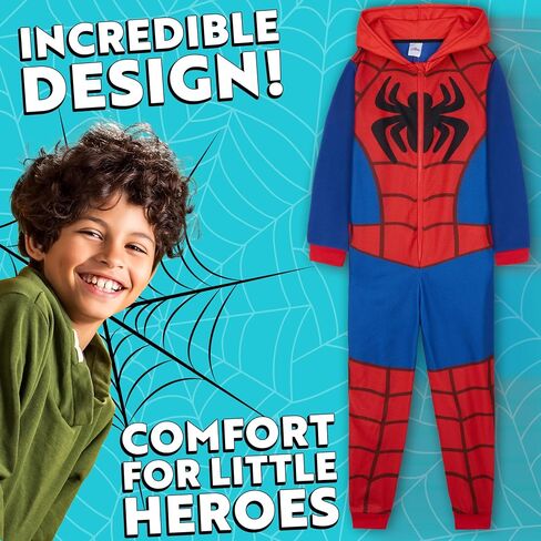 Marvel Spiderman One Piece Pajamas Set Boys, Teens, Fleece Hooded Jumpsuit, Superhero Outfit, Loungewear PJs, Gifts for Boys in Saudi Arabia