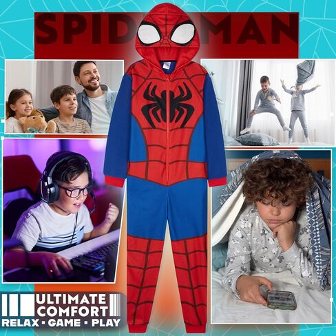 Marvel Spiderman One Piece Pajamas Set Boys, Teens, Fleece Hooded Jumpsuit, Superhero Outfit, Loungewear PJs, Gifts for Boys in Saudi Arabia