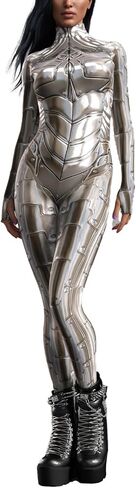 Silver Armor Print Bodysuit for Women Full Body Metallic Sci-Fi Jumpsuit Long Sleeve Stretch Cosplay Costume in Saudi Arabia
