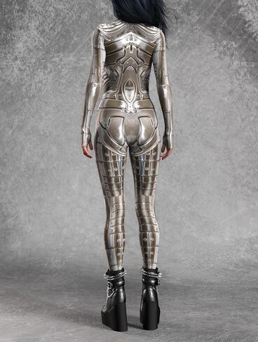 Silver Armor Print Bodysuit for Women Full Body Metallic Sci-Fi Jumpsuit Long Sleeve Stretch Cosplay Costume in Saudi Arabia