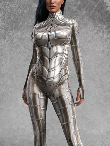 Silver Armor Print Bodysuit for Women Full Body Metallic Sci-Fi Jumpsuit Long Sleeve Stretch Cosplay Costume in Saudi Arabia