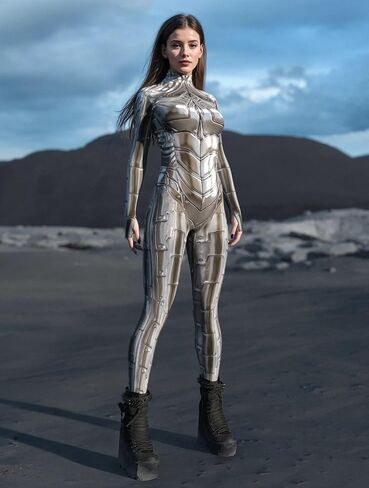 Silver Armor Print Bodysuit for Women Full Body Metallic Sci-Fi Jumpsuit Long Sleeve Stretch Cosplay Costume in Saudi Arabia