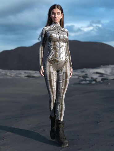 Silver Armor Print Bodysuit for Women Full Body Metallic Sci-Fi Jumpsuit Long Sleeve Stretch Cosplay Costume in Saudi Arabia