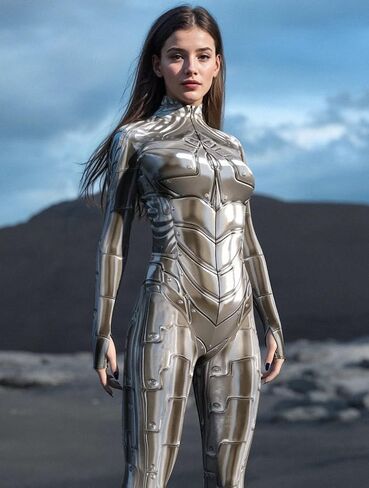 Silver Armor Print Bodysuit for Women Full Body Metallic Sci-Fi Jumpsuit Long Sleeve Stretch Cosplay Costume in Saudi Arabia