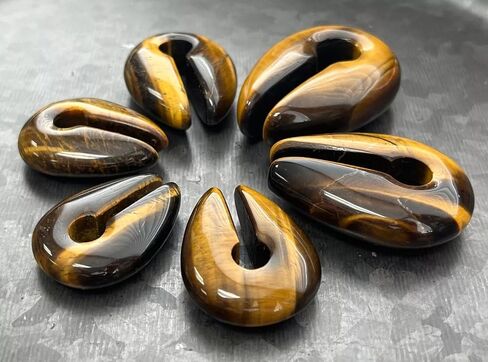 PAIR of Stunning Tiger Eye Natural Organic Stone Keyhole Hangers - Ear Weights - Plugs - Gauges - Tunnels - Body Jewelry in Saudi Arabia