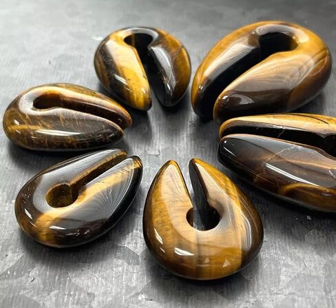PAIR of Stunning Tiger Eye Natural Organic Stone Keyhole Hangers - Ear Weights - Plugs - Gauges - Tunnels - Body Jewelry in Saudi Arabia