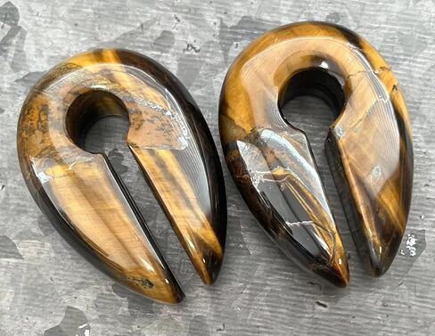 PAIR of Stunning Tiger Eye Natural Organic Stone Keyhole Hangers - Ear Weights - Plugs - Gauges - Tunnels - Body Jewelry in Saudi Arabia