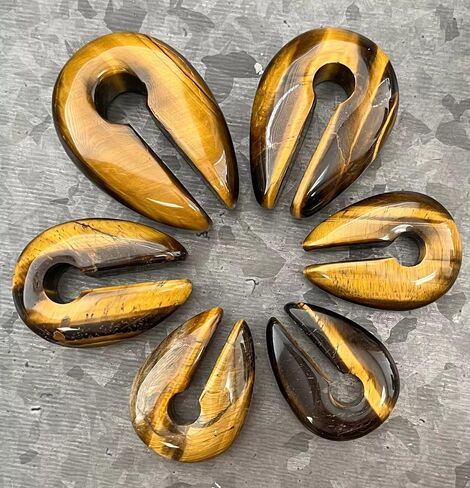 PAIR of Stunning Tiger Eye Natural Organic Stone Keyhole Hangers - Ear Weights - Plugs - Gauges - Tunnels - Body Jewelry in Saudi Arabia