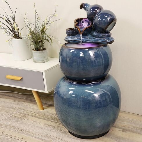 Feng Shui Water Fountain Indoor - Water Fountain Decor for Attract Wealth, Wu Lou Hu Lu Gourd - Hu Lou Cucurbit, Feng Shui Decor & Gifts for Home, Chinese Decor & Gifts, Chinese New Year Decor (Blue) in Kuwait