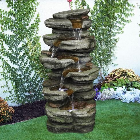 Naturefalls 79inches Outdoor Rock Water Fountain with LED Lights - Multi-Tiers Poly-Resin Cascading Waterfall Fountain for Garden, Patio, Yard, Home Decor in Saudi Arabia
