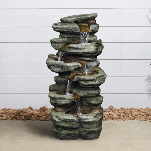 Naturefalls 79inches Outdoor Rock Water Fountain with LED Lights - Multi-Tiers Poly-Resin Cascading Waterfall Fountain for Garden, Patio, Yard, Home Decor in Saudi Arabia