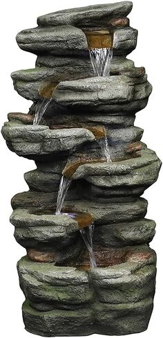 Naturefalls 79inches Outdoor Rock Water Fountain with LED Lights - Multi-Tiers Poly-Resin Cascading Waterfall Fountain for Garden, Patio, Yard, Home Decor in Saudi Arabia