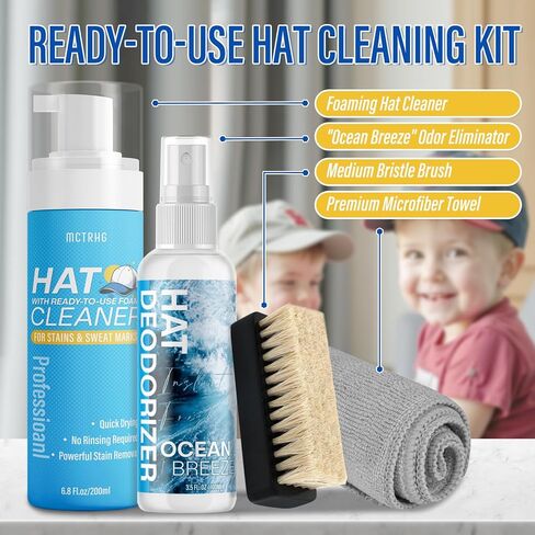 طقم منظف القبعة الاحترافي ، منظف القبعات اللطيف لقبعات البيسبول ، يزيل بقع العرق والأوساخ بأمان ، لجميع أنواع القبعات ، مجموعة منظف قبعة البيسبول ، مع رائحة رائحة ورائحة وفرشاة وألياف ميكروفيات in Kuwait