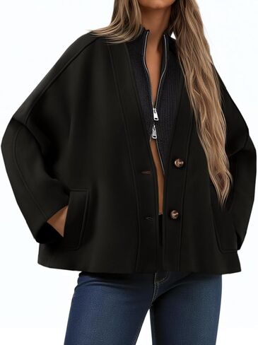 Yousify Womens Cropped Wool Blend Pea Coat Casual V Neck Button Down Short Jackets Fall Shackts with Pockets in Saudi Arabia