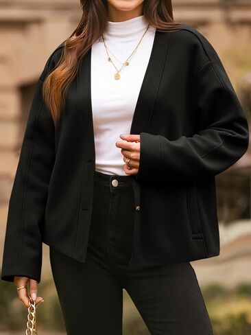 Yousify Womens Cropped Wool Blend Pea Coat Casual V Neck Button Down Short Jackets Fall Shackts with Pockets in Saudi Arabia