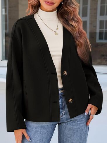 Yousify Womens Cropped Wool Blend Pea Coat Casual V Neck Button Down Short Jackets Fall Shackts with Pockets in Saudi Arabia