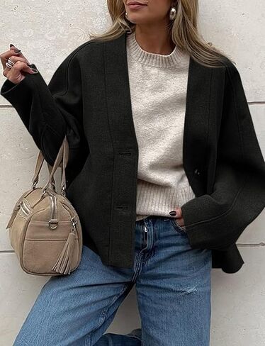 Yousify Womens Cropped Wool Blend Pea Coat Casual V Neck Button Down Short Jackets Fall Shackts with Pockets in Saudi Arabia