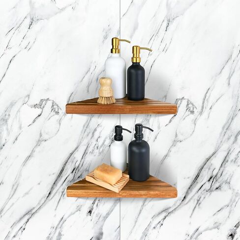 Enkezi Acacia 2،3 Tiers Corner Shown ، رف الدش المثلثية على رف الحمام الخشبي للجدار المملح ، رف زاوية دش ، لا يوجد حفر مطلوب (2) in Kuwait